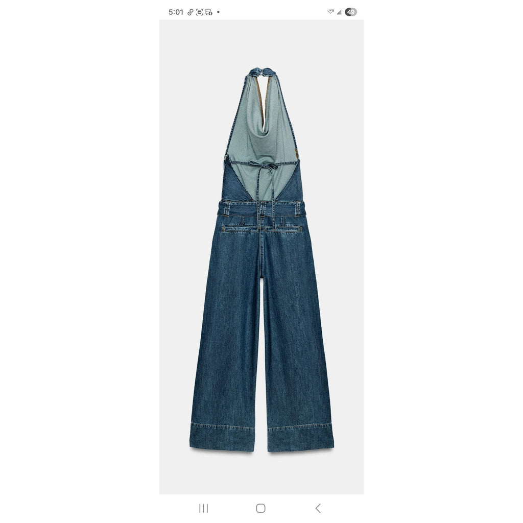 Zara Blue Denim Cowl Halter Wide-Leg Jumpsuit