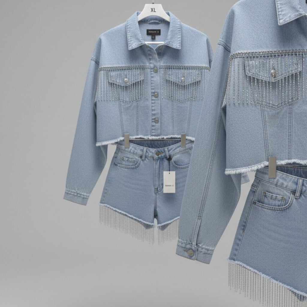 Forever 21 2PC Denim Set XL Cropped Jacket + Fringe Shorts Light Wash Rhinestone