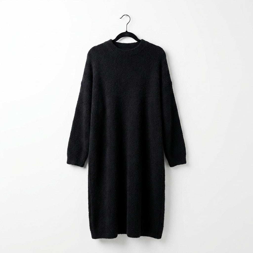 Cozy Onyx Black Bouclé Fuzzy Longline Open Front Cardigan Sweater