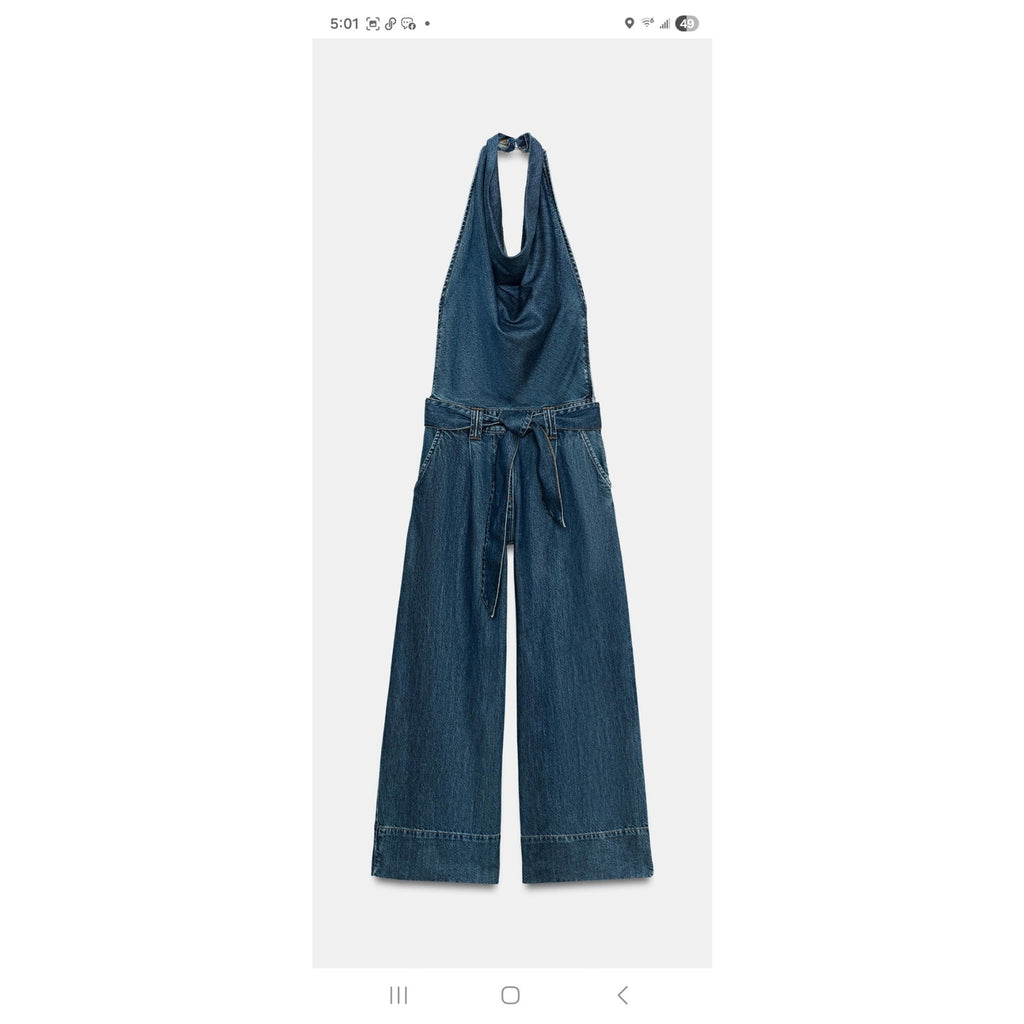 Zara Blue Denim Cowl Halter Wide-Leg Jumpsuit