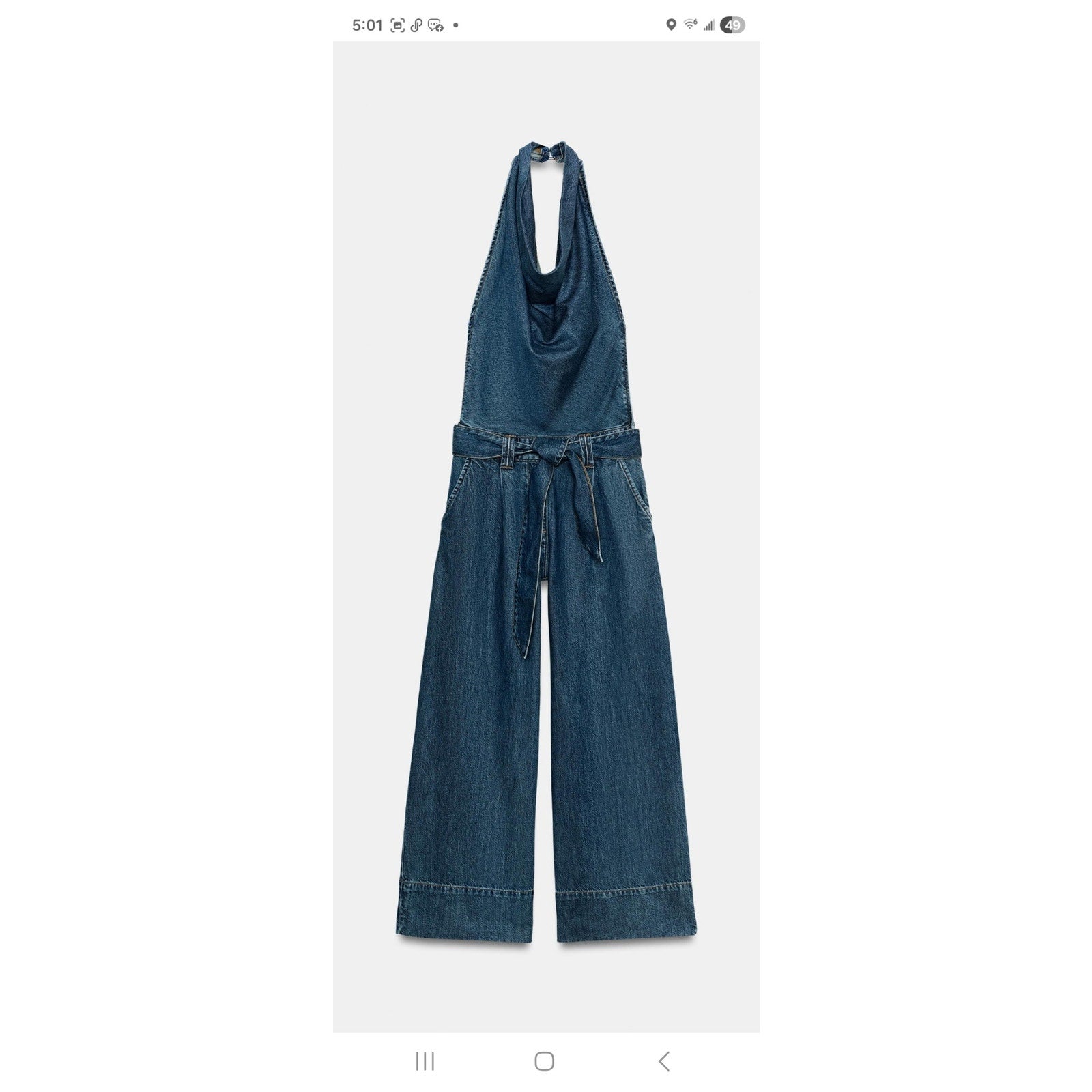 Zara Blue Denim Cowl Halter Wide-Leg Jumpsuit