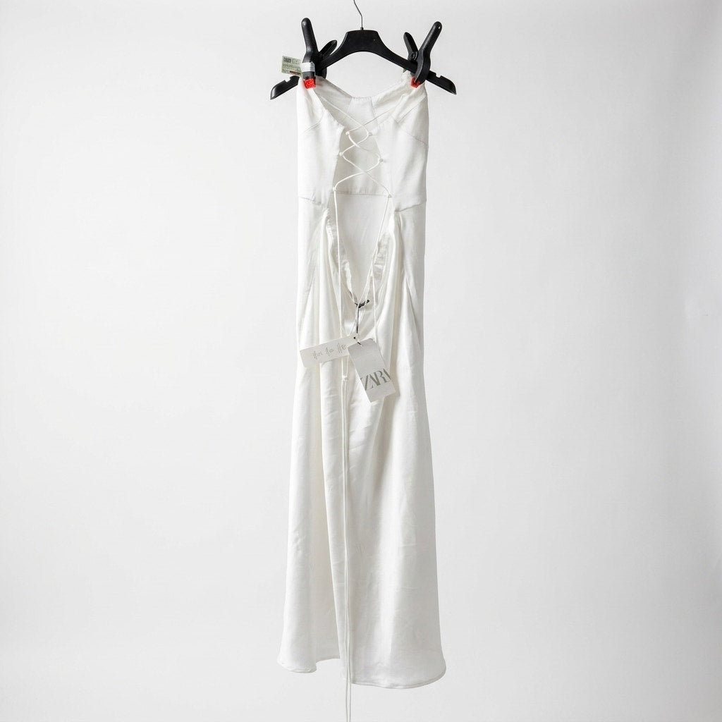 Zara White Satin Lace-Up Back Slip Dress