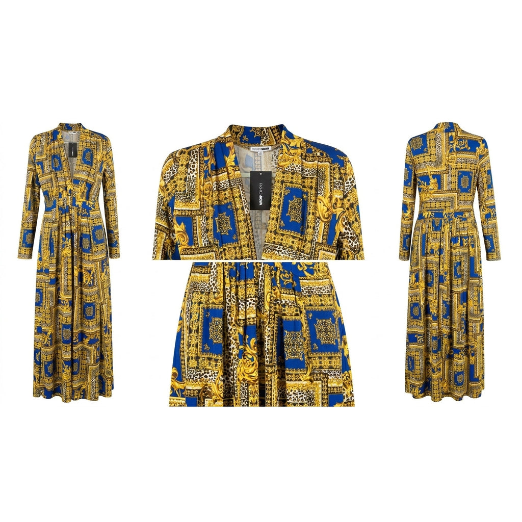 Fashion Nova Royal Blue Gold Baroque Print Maxi Dress XL NWT
