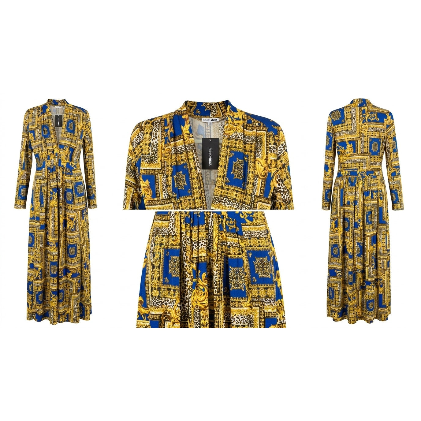 Fashion Nova Royal Blue Gold Baroque Print Maxi Dress XL NWT