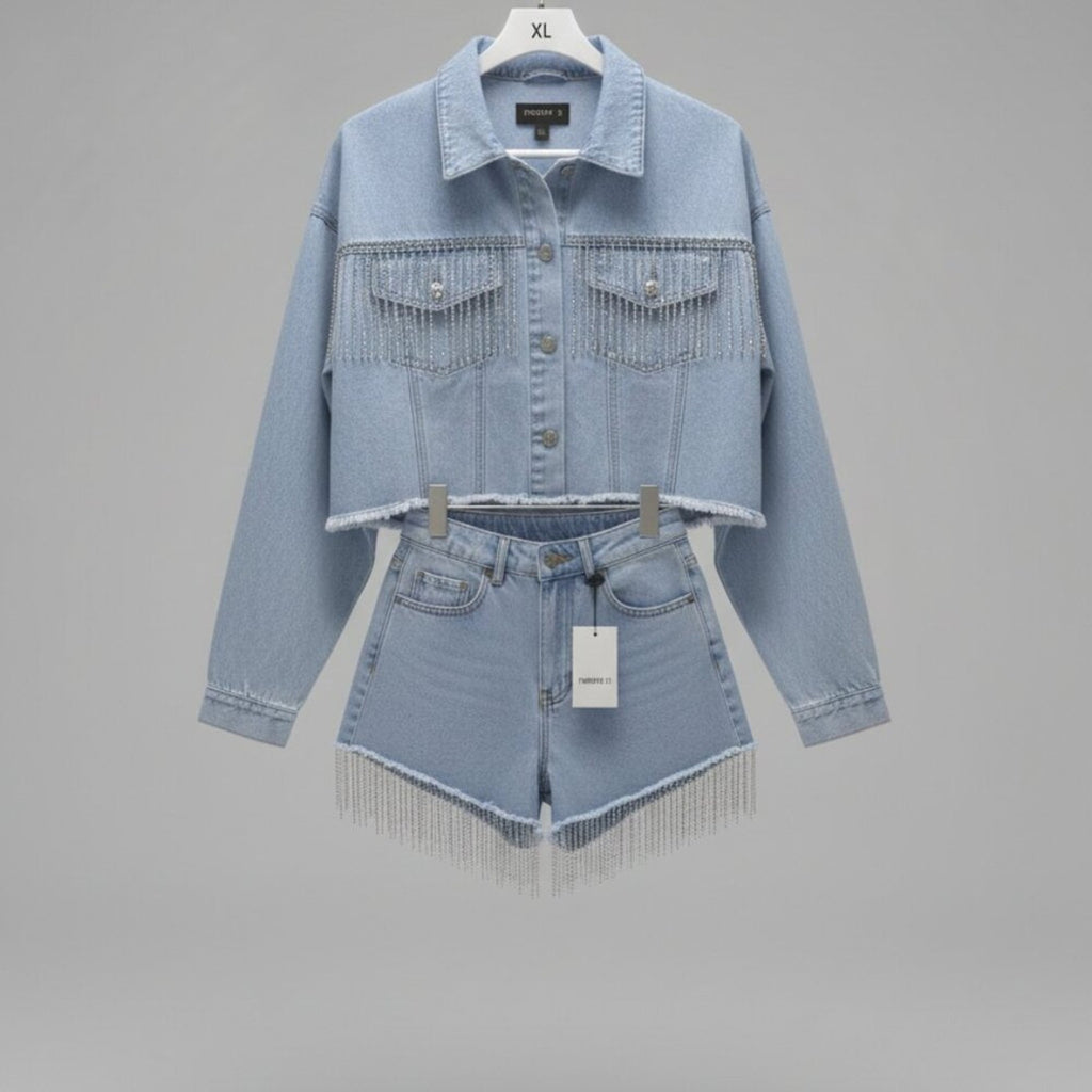 Forever 21 2PC Denim Set XL Cropped Jacket + Fringe Shorts Light Wash Rhinestone