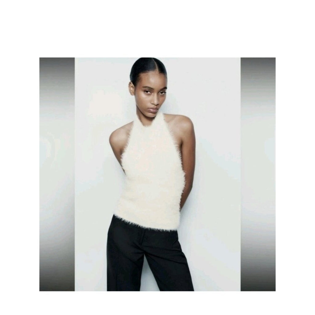 Zara White Fuzzy Halter Sweater Top Pullover Medium