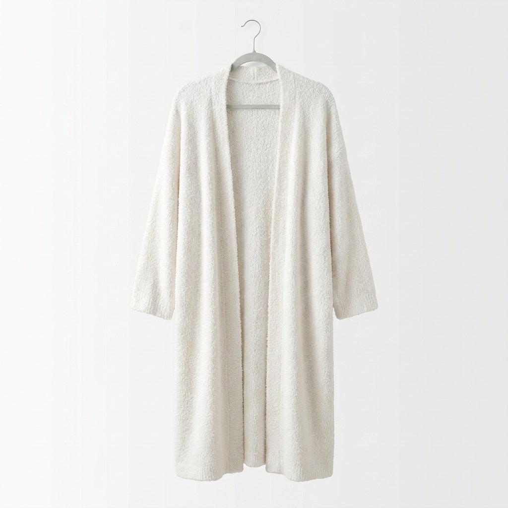 Cozy Off-White Bouclé Fuzzy Longline Open Front Cardigan Sweater