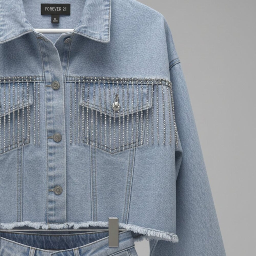 Forever 21 2PC Denim Set XL Cropped Jacket + Fringe Shorts Light Wash Rhinestone