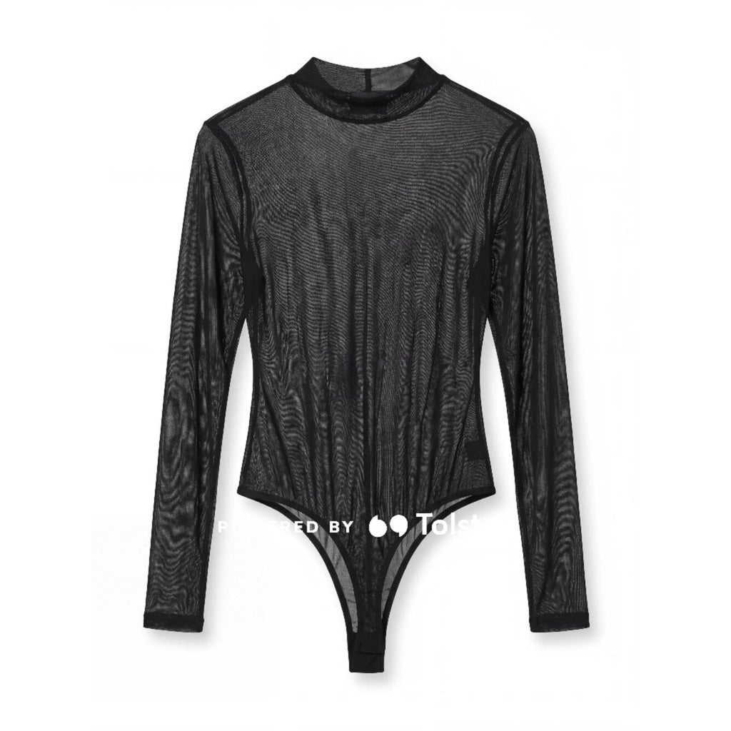 AKIRA Black Sheer Mesh Long Sleeve Mock Neck Top/Bodysuit 2XL