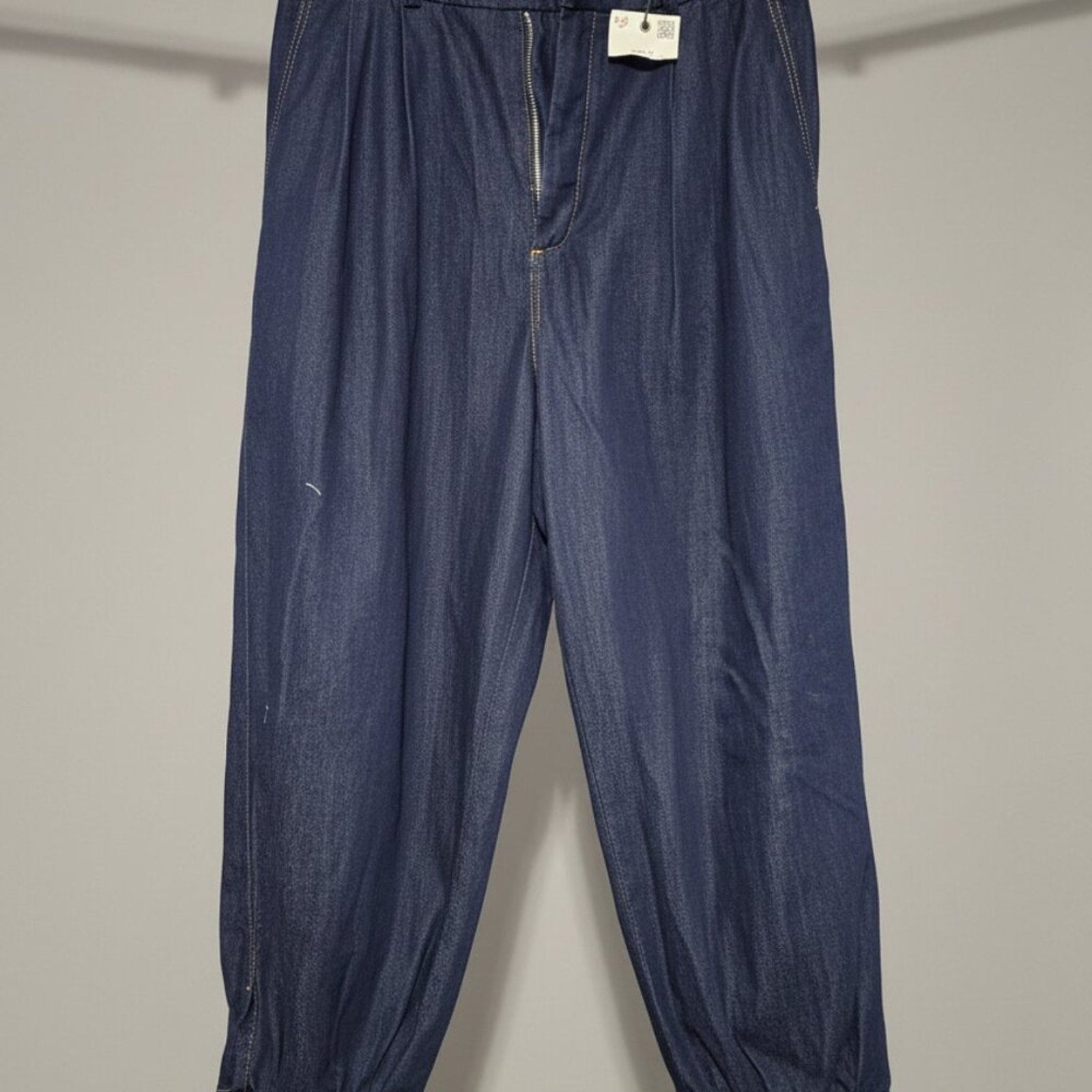 ZARA High Rise Tapered Denim Jogger Pants Dark Wash Pleated Ankle Cuff