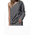 Black White Striped One Shoulder High-Low Statement Top S