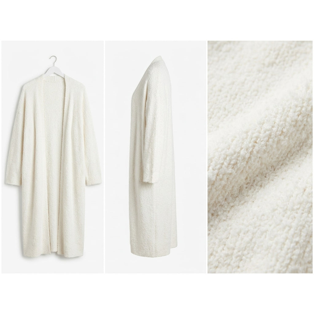 Cozy Off-White Bouclé Fuzzy Longline Open Front Cardigan Sweater