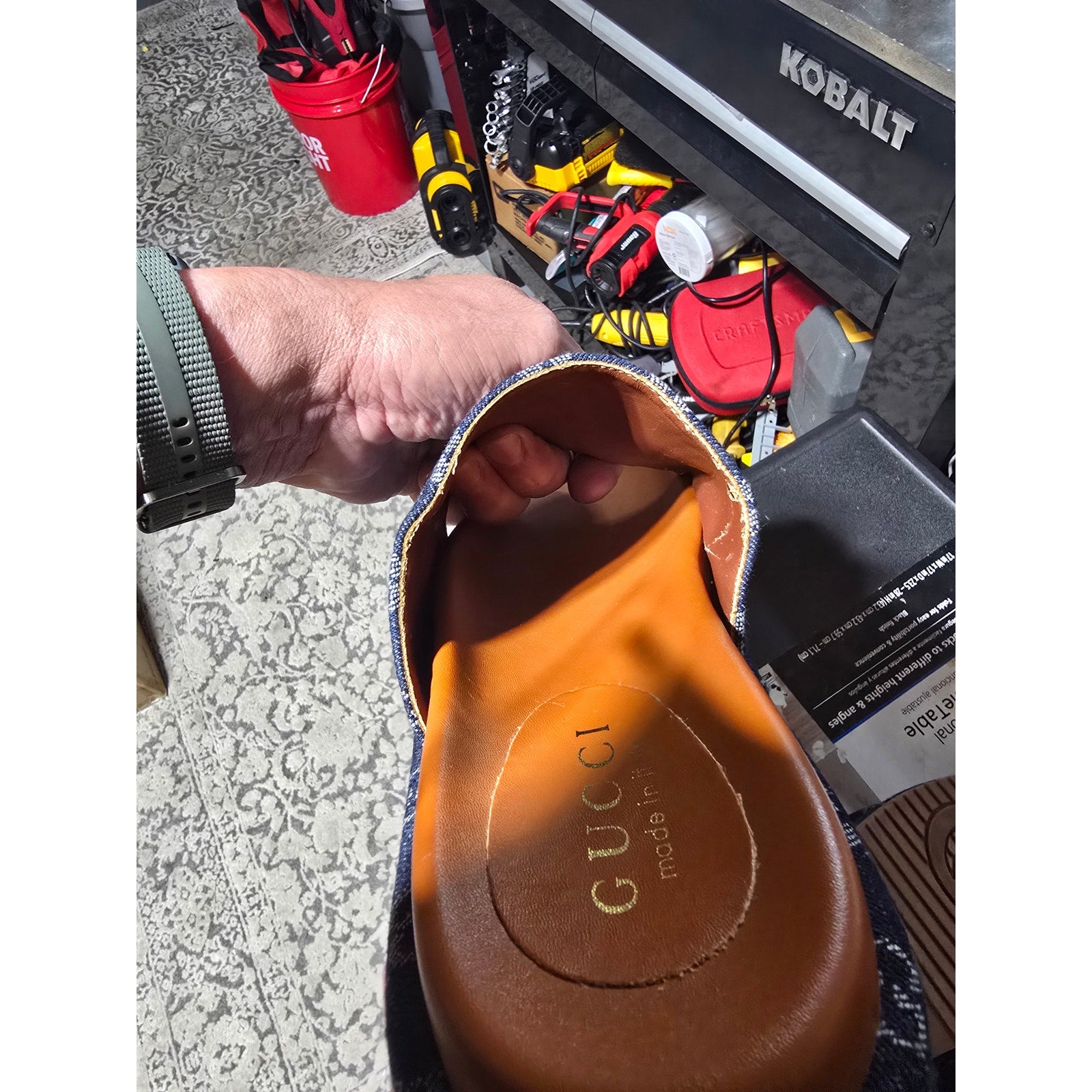 GG Denim Platform Slides