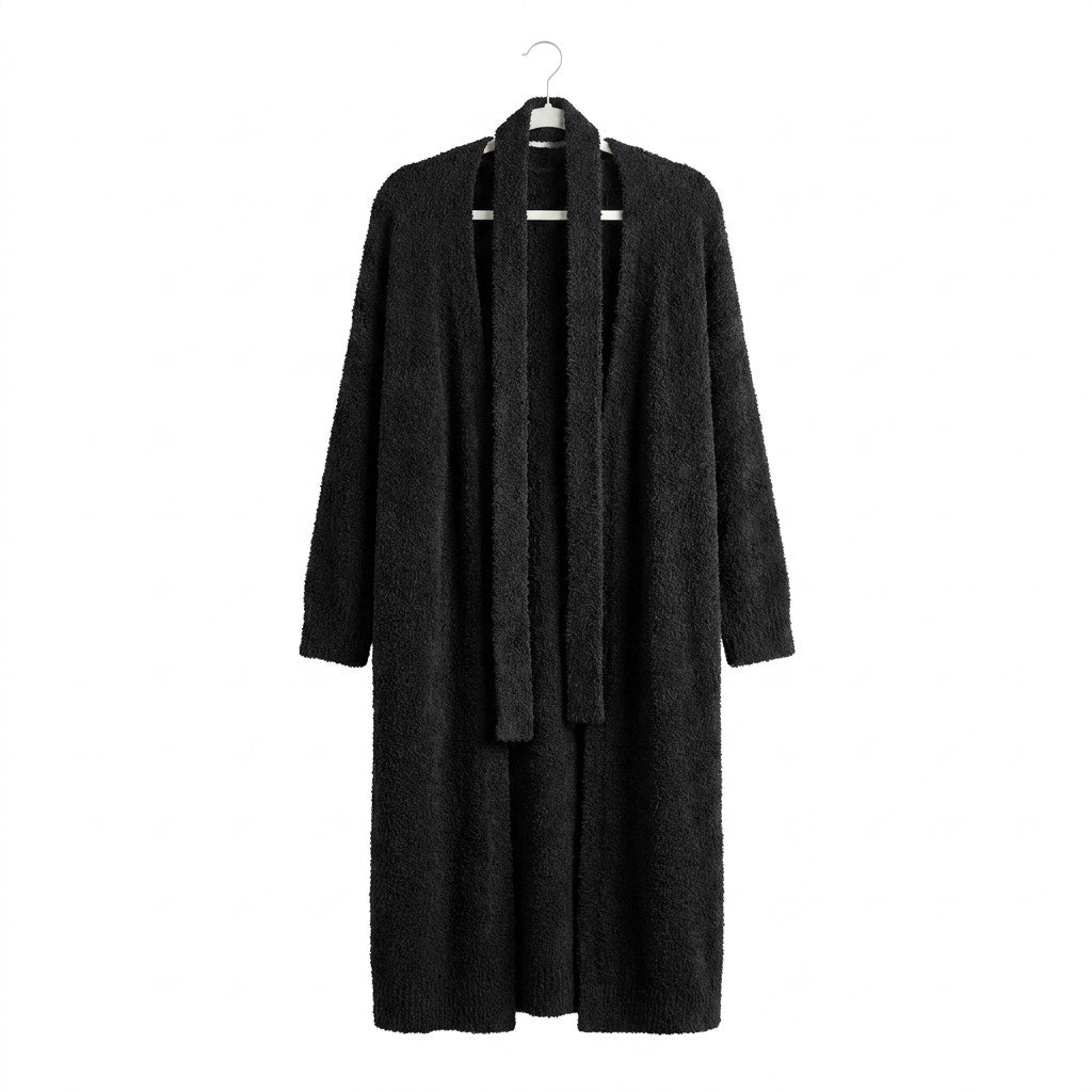Cozy Onyx Black Bouclé Fuzzy Longline Open Front Cardigan Sweater