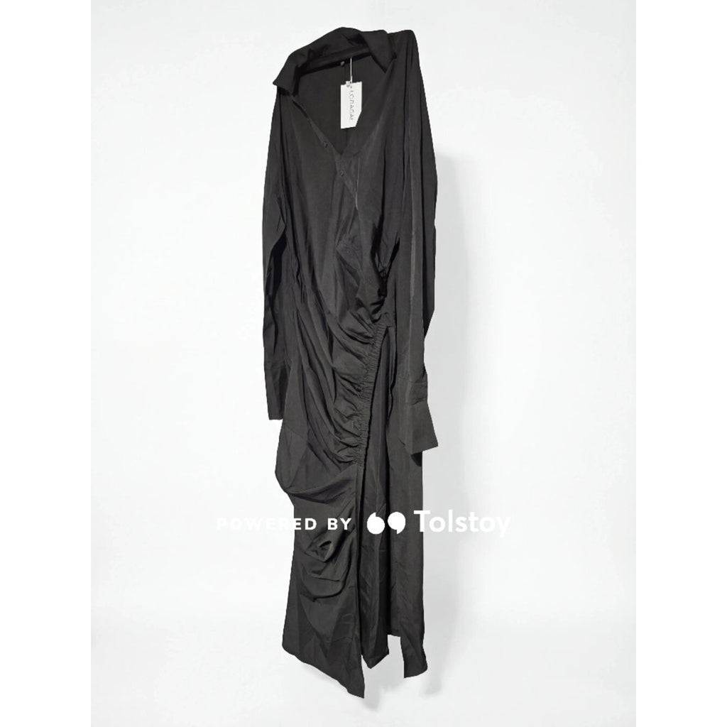 LORAGAL Black Draped Maxi Dress 3XL Collared Long Sleeve Ruched Asymmetrical NWT
