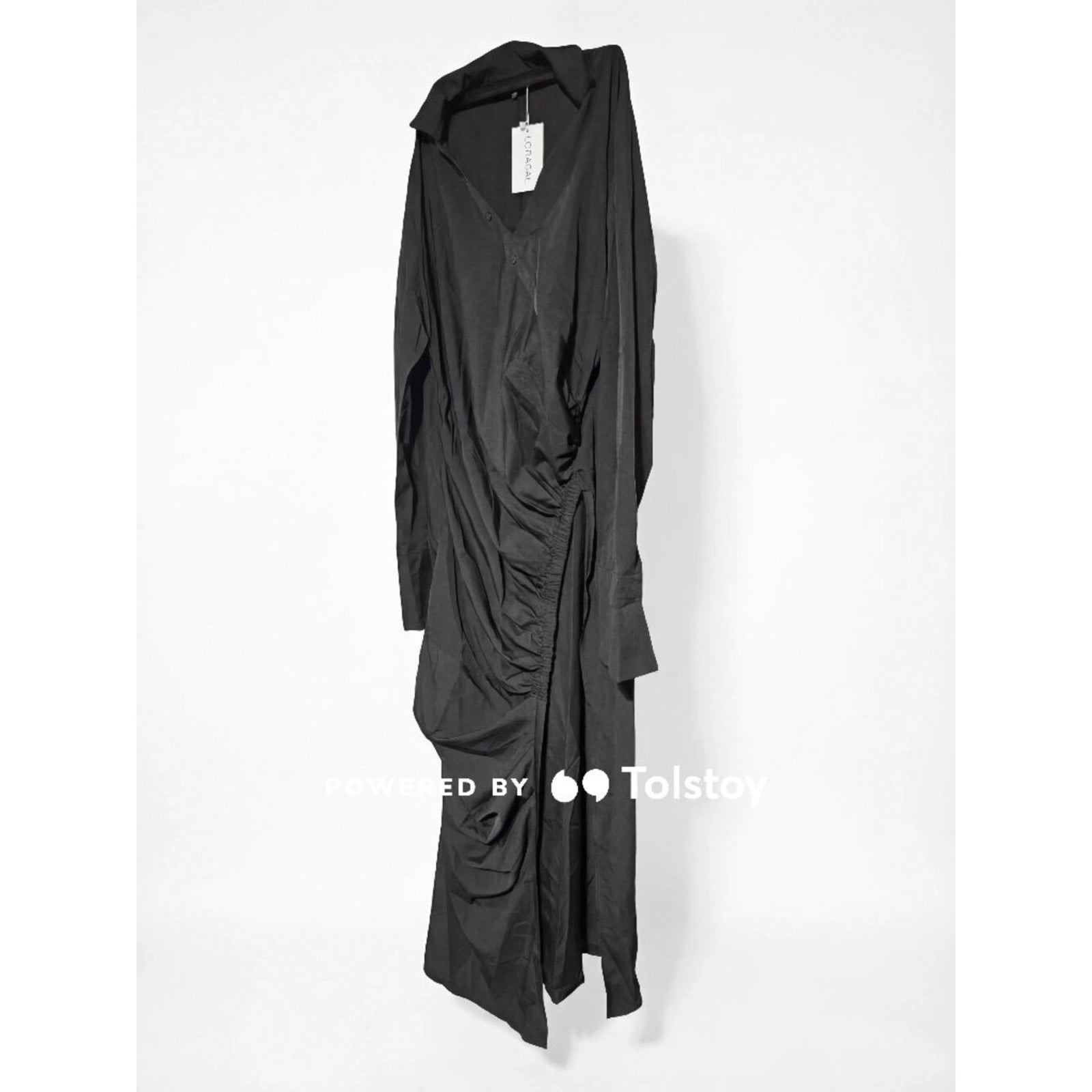 LORAGAL Black Draped Maxi Dress 3XL Collared Long Sleeve Ruched Asymmetrical NWT