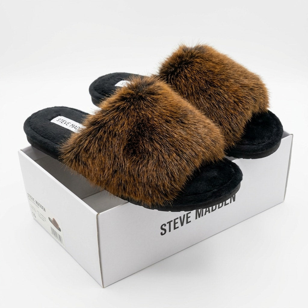 Steve Madden Black & Brown Faux Fur Slide Slippers - NIB - Size 8