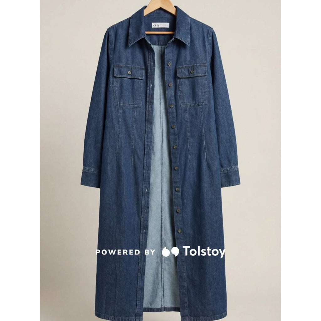Zara Denim Button Front Long Sleeve Midi/Maxi Shirt Dress L