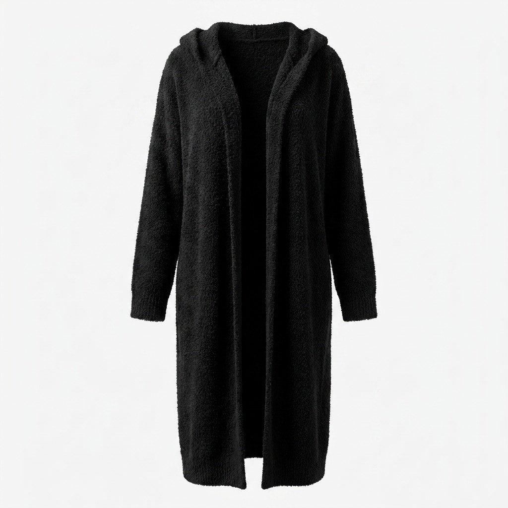 Cozy Onyx Black Bouclé Fuzzy Longline Open Front Cardigan Sweater