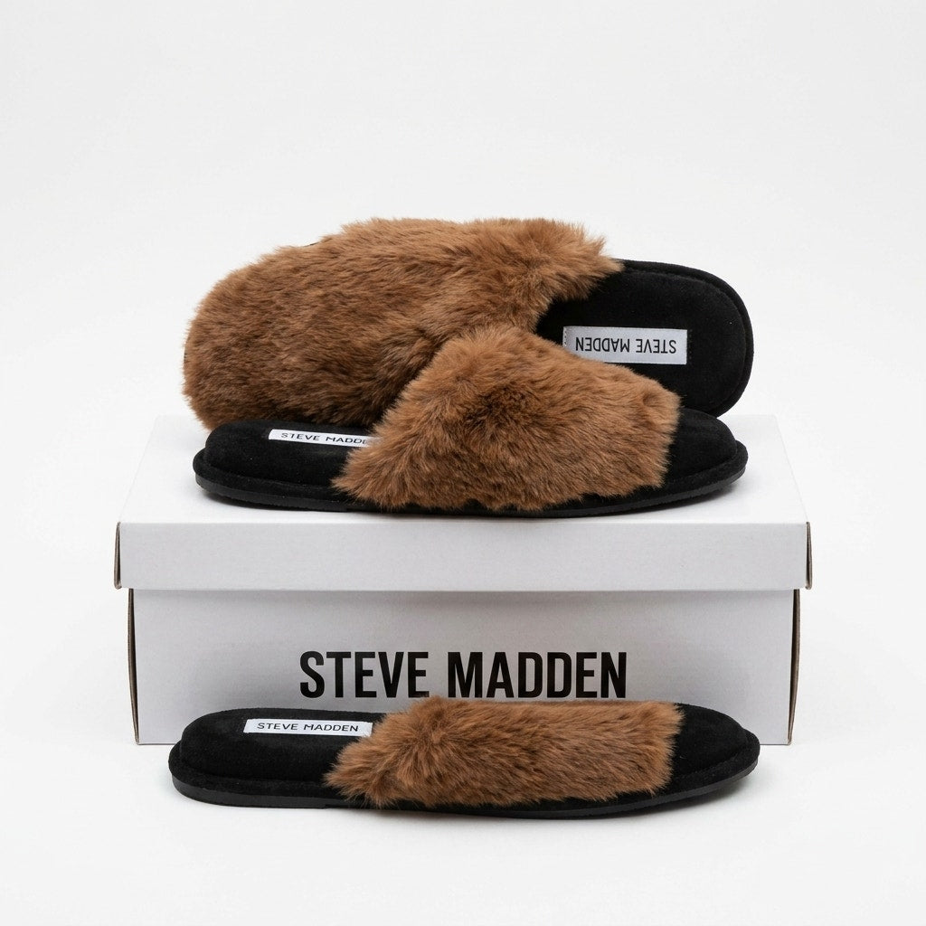 Steve Madden Black & Brown Faux Fur Slide Slippers - NIB - Size 8