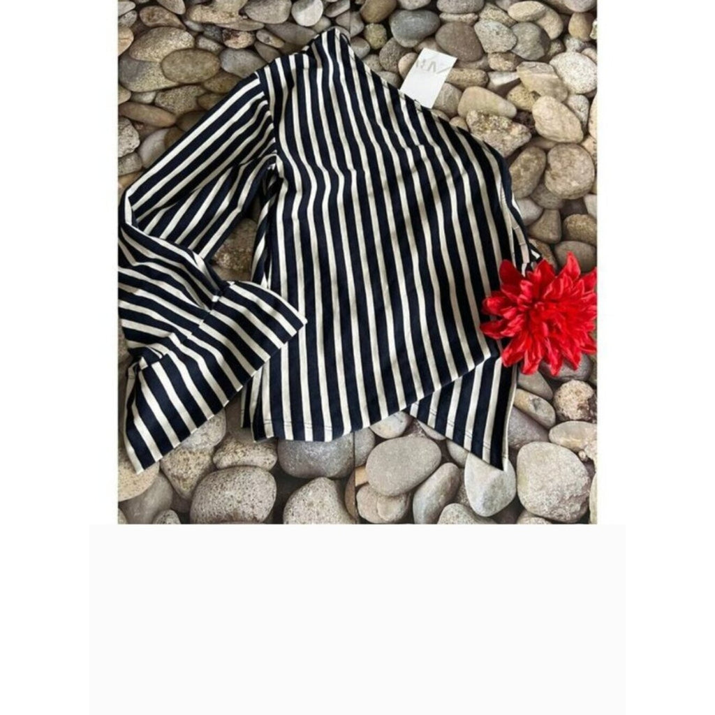 Black White Striped One Shoulder High-Low Statement Top S