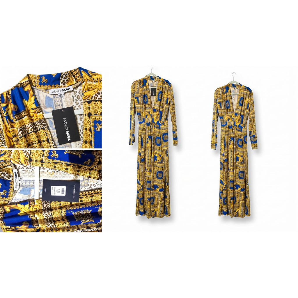 Fashion Nova Royal Blue Gold Baroque Print Maxi Dress XL NWT