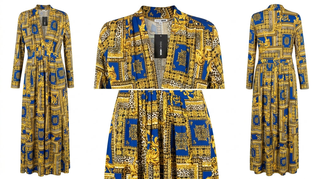 Fashion Nova Royal Blue & Gold Baroque Print Long Sleeve Maxi Dress - Size XL