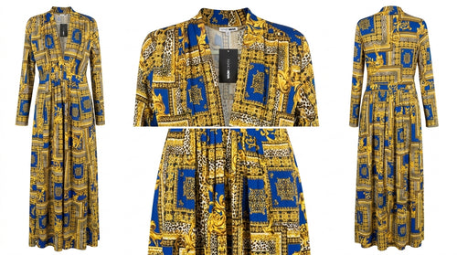 Fashion Nova Royal Blue & Gold Baroque Print Long Sleeve Maxi Dress - Size XL