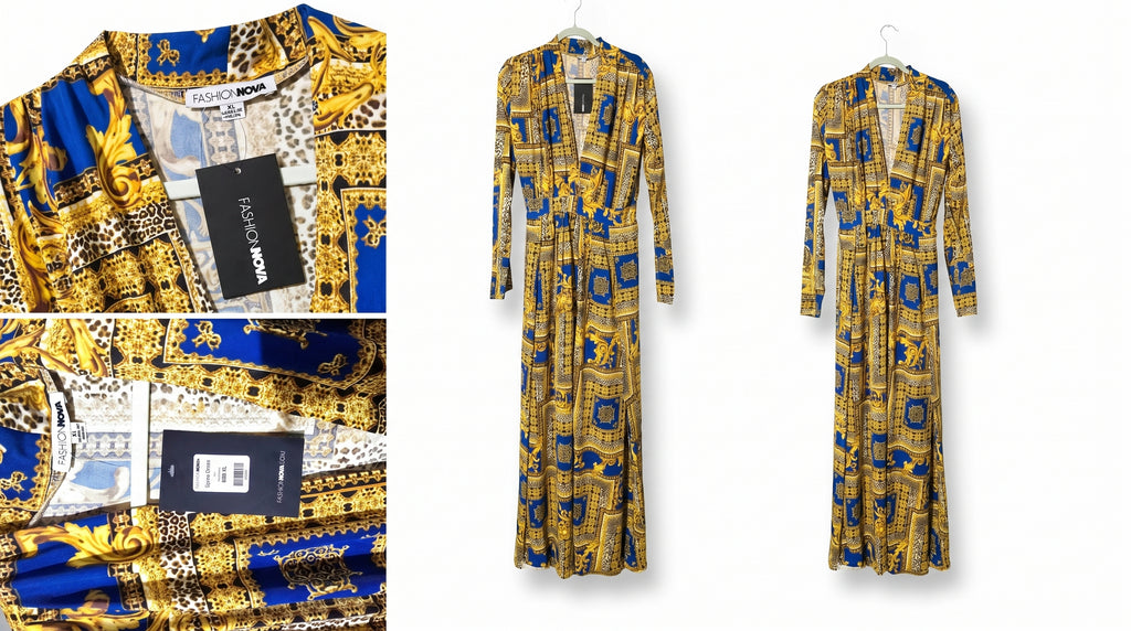 Fashion Nova Royal Blue & Gold Baroque Print Long Sleeve Maxi Dress - Size XL