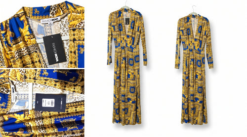 Fashion Nova Royal Blue & Gold Baroque Print Long Sleeve Maxi Dress - Size XL